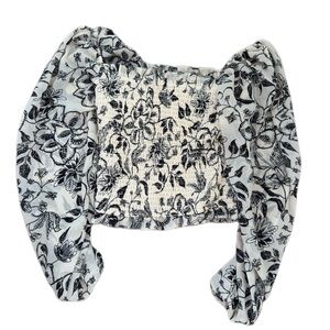Japna Black & White Floral Smocked Puff Sleeve Crop Top